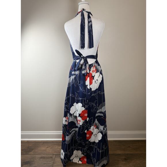 Vintage Hawaii Nei Blue Red Knit Hawaiian Floral 70’s Maxi Gown Halter Dress 14 - Picture 5 of 11